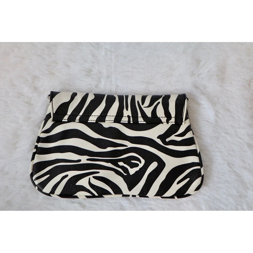 Grace Adele Zebra Print Clutch Bag Black White Faux Leather Red Lining Snap Flap
